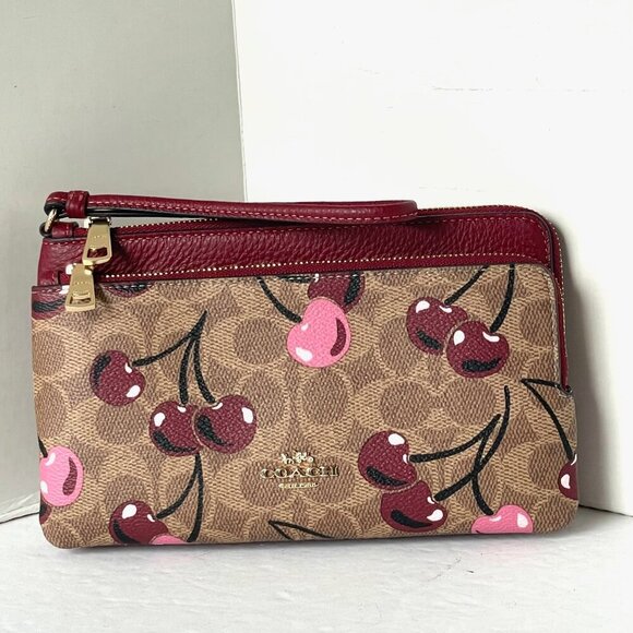 Coach Double Zip Phone Wallet Cherry Print Signature Canvas Wristlet CZ763 - Picture 1 of 7